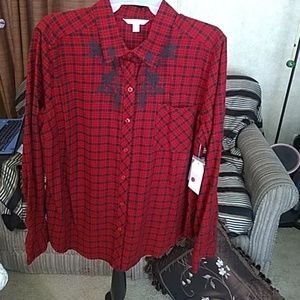 Time and Tru Embroidered Button Front Shirt